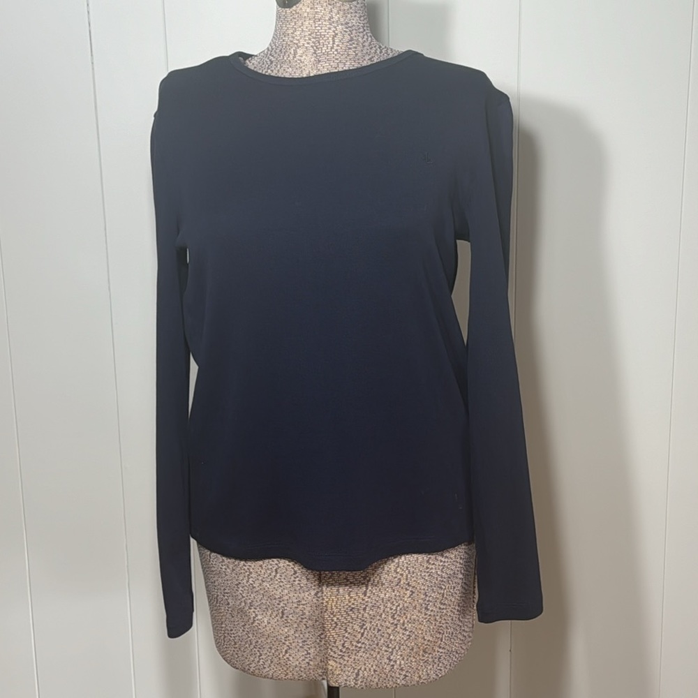 Lauren Ralph Lauren Womens Large Navy Blue Blouse Stretchy Crew Neck
